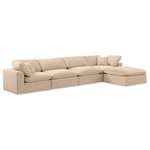 Meridian Furniture - Comfy Upholstered L-Shaped Modular Sectional, Beige, 5-Piece: 2 Armless Chair, 2 Corner Chair, 1 Ottoman, Velvet - Give your space a whole new look with this beige Comfy velvet sectional. This handsome sectional fits nicely with other items in the Comfy collection and is a versatile seating option designed for adaptability, comfort and style. Wrapped in rich beige durable velvet upholstery, this sectional offers a plush embrace of overstuffed down feather cushions, carefully crafted to deliver the highest level of comfort. The perfect seat for creating an oasis for relaxation, this sectional has thick foam surrounding its frame for added support and coziness.