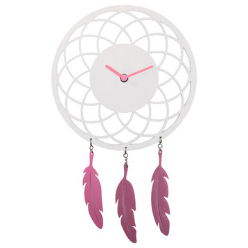 Dreamcatcher Wall Clock, Wood and Metal, White and Pink, Battery Operated