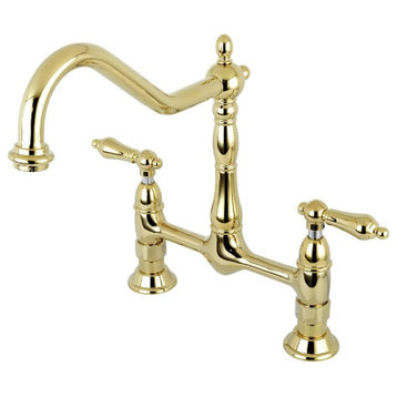 Traditional Kitchen Faucet, 2 Levers Design With Swivel Spout, Polished Brass