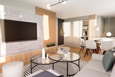 Réalisation d'un salon beige et blanc design de taille moyenne et ouvert avec un mur beige, parquet clair et un téléviseur fixé au mur.
