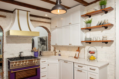 Mid-sized transitional galley kitchen pantry photo in DC Metro with white cabinets, quartz countertops and white countertops