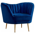 Meridian Furniture - Margo Velvet Upholstered Set, Navy, Chair - Lean back and lounge in luxurious style on this stunning Margo navy velvet chair by Meridian Furniture. This contemporary loveseat features plush velvet upholstery that is both classy and sumptuous against your skin, and rounded arms that curve into a low, rounded back, creating a perfect, modern piece for your home. Gold stainless steel legs support this chair and provide stunning contrast to the chair's plush, navy fabric.
