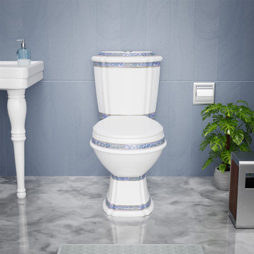 Elongated Two Piece Dual Flush Bathroom Toilet with No Slam Seat White and Blue