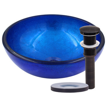 Verdazzurro Mini 12" Blue Foiled Round Tempered Glass Vessel Bath Sink & Drain, Oil Rubbed Bronze