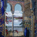 Mozaico - Mosaic Art - Temple Sea View - Mosaic art showing a beautiful scenery from inside a temple balcony with a sea view. A mosaic design handmade from marble stones designed for both indoor and outdoor spaces.
