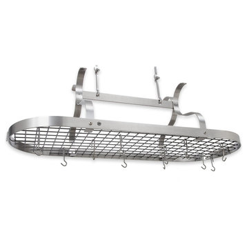 Handcrafted Scroll Arm Oval Ceiling Pot Rack w 24 Hooks Stainless Steel