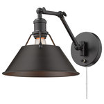 Golden Lighting - One Light Wall Sconce, Matte Black - Orwell is an extensive assortment of industrial style fixtures. The beauty and character of the collection are in the refined details. This transitional series works well in a variety of settings. Partial shades shield the eyes from possible hot spots while the open tops tease onlookers with a view of the sockets and bulbs. The design allows light and heat to escape from above and below the metal shades providing both task and ambient lighting. Edison bulbs are recommended to complete the vintage industrial look of the fixtures. A choice-selection of finish and shade combinations heightens the appeal of the series. Articulating arms can be locked in place with thumbscrews for style and function. Articulating series offers two installation options: Plug-in or Hardwire.