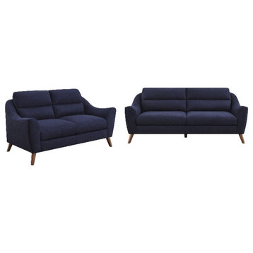 Coaster 2-Piece Mid-Century Sloped Arm Upholstered Fabric Sofa Set in Blue