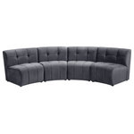 Meridian Furniture - Limitless Velvet Upholstered 4-Piece Modular Sectional, Gray - Invest in your home's comfort with this Limitless 4 Piece Sectional. This modular unit offers tons of flexibility in the number of ways that you can put each piece in the Limitless collection together to get the ideal customized look. Upholstered in grey velvet, this beautiful piece is soft and cool to the touch, so you can feel comfortable from every angle. Button and channel tufting add to this unit's upscale look and contemporary charm.