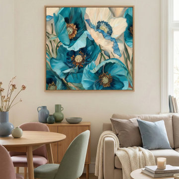 Bright Scandinavian Open-Plan Living and Dining Room with Oversized Floral Art