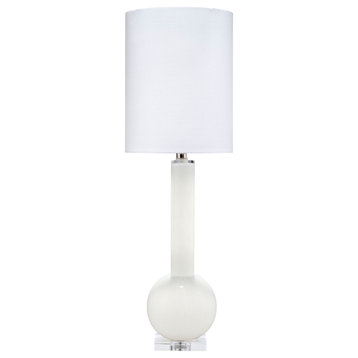 Studio Table Glass Lamp, With Tall Thin Drum Shade, White