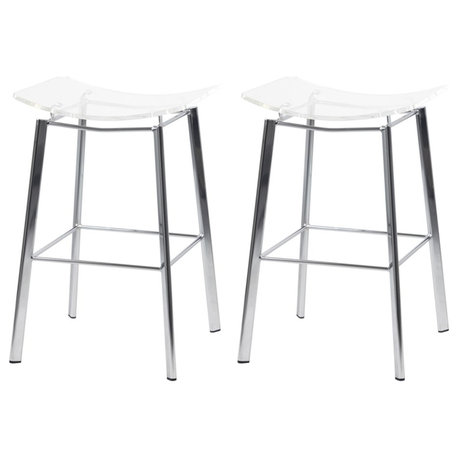 Pemberly Row Plastic Bar Stool Chair Set of 2 in Chrome -Saddle Seat & Footrest