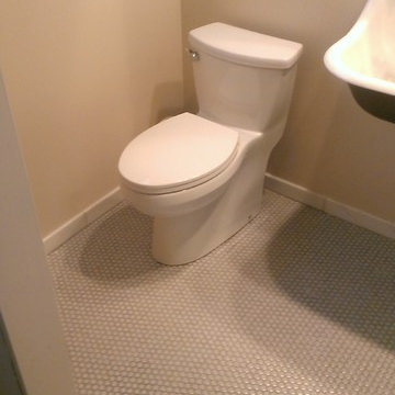 BATHROOM - Calcutta Gold Marble Shower / Gray Penny Tile Floor
