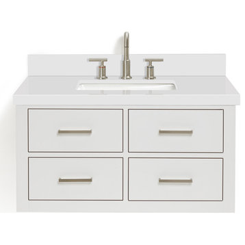 Ariel Hutton 37" Rectangle Sink Vanity, White, 1.5" White Quartz