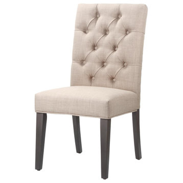 Fabric Upholstered Wooden Chair With Button Tufting, Beige and Black