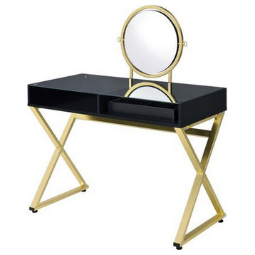 Benzara BM251243 Vanity Desk With Round Mirror & Cross Metal Legs, Black/Gold