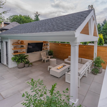 Modern Toronto Backyard | Custom Cabana, Pool, Outdoor Kitchen, Fire Pit & Deck