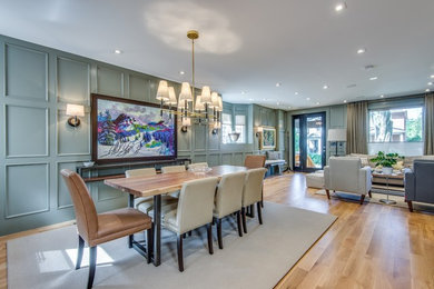 Kitchen/dining room combo - mid-sized transitional light wood floor and multicolored floor kitchen/dining room combo idea in Toronto with green walls and no fireplace