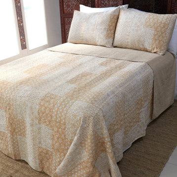 NOVICA  Cotton bedspread and pillow shams Kantha Charm in Sunflower, Queen
