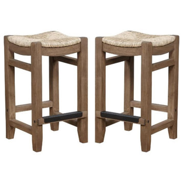 Home Square 26H Wood Counter Height Stool with Rush Seat in Brown - Set of 2
