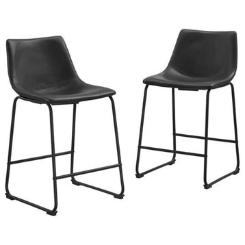 Pemberly Row 36"H Contemporary Faux Leather Counter Stool in Black (Set of 2)