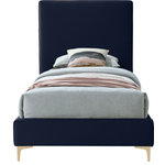 Meridian Furniture - Geri Velvet Upholstered Bed, Navy, Twin - Provide yourself with a few options when you choose the sleek Geri navy velvet twin size bed. The headboard, side rails and footboard are all cushioned and upholstered, with snazzy decorative piping on the headboard and footboard. This bed comes with two different sets of legs so you can match your other decor. Use the gold ones, the chrome ones, or two of each color for a truly contemporary approach.