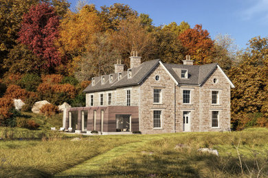 Inspiration for a large victorian house exterior with four floors, stone cladding and a mansard roof.