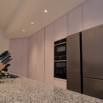 London white and grey FENIX plywood kitchen.