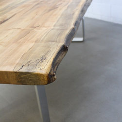 Stunning silver maple slab dining table with modern chrome base - Dining Tables