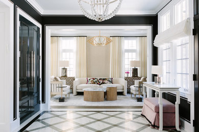 Entryway - large transitional porcelain tile and multicolored floor entryway idea in Chicago with multicolored walls and a dark wood front door