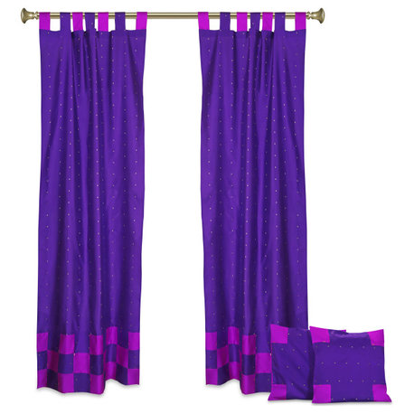 4 Pc Set Indian Sari Curtains & Cushion Covers - Boho Tab Top  - Purple 84"