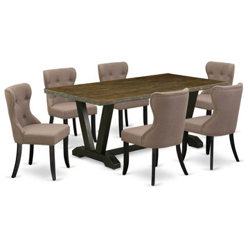 East West Furniture V-Style 7-piece Wood Dining Set in Black/Coffee