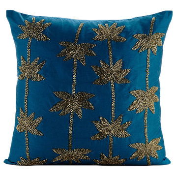 Zardozi Lotus Flower 14x14 Taffeta Teal Blue Cushion Covers, Gold Lotus Dreams