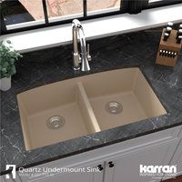 Karran Undermount Quartz 32" 50/50 Double Bowl Kitchen Sink, Bisque