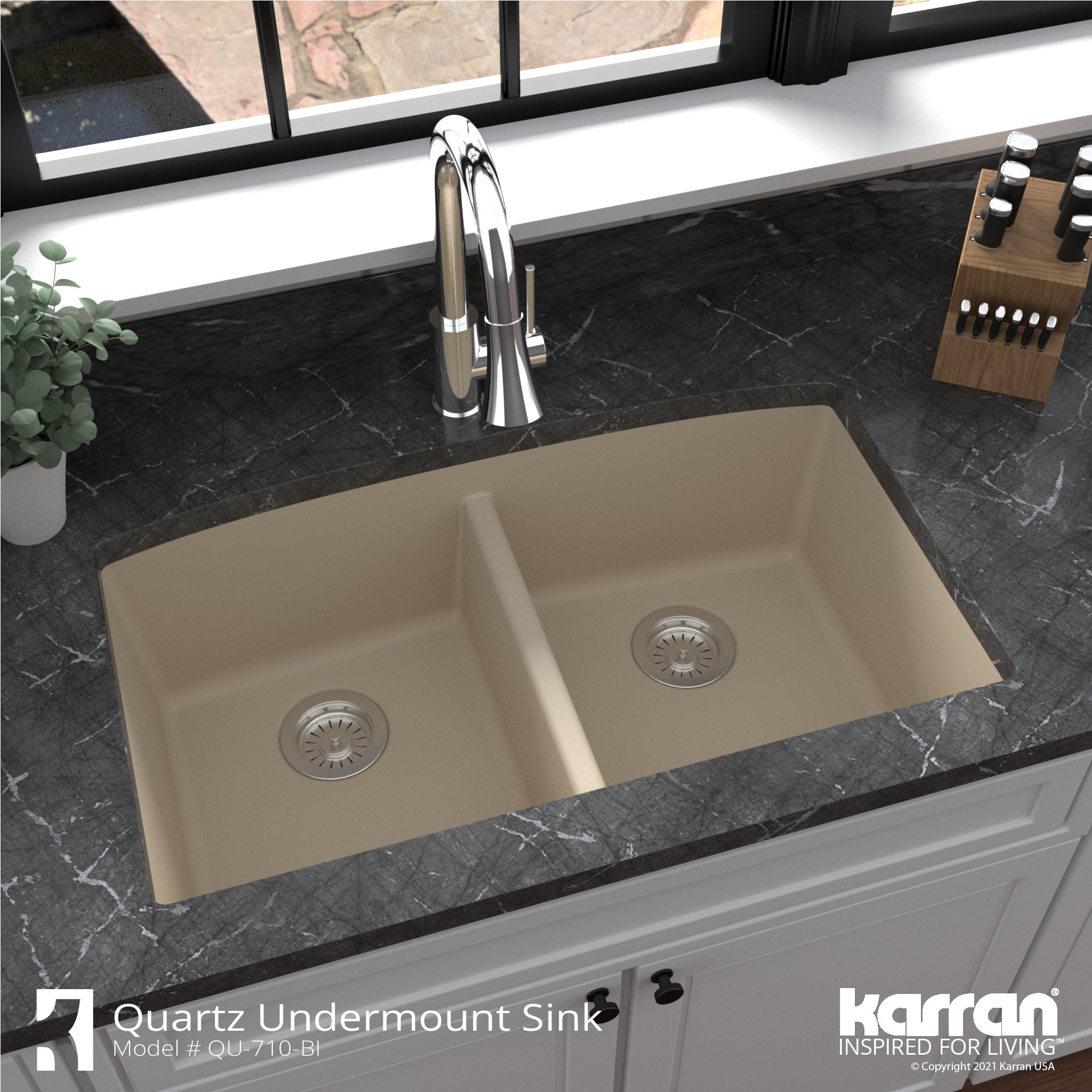 Karran Undermount Quartz 32" 50/50 Double Bowl Kitchen Sink, Bisque