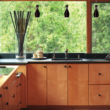 Woodland kitchen with sleek black pendants