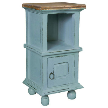 Farmhouse End Table, Recycled Mahogany Wood Frame With Bun Feet, Distressed Blue