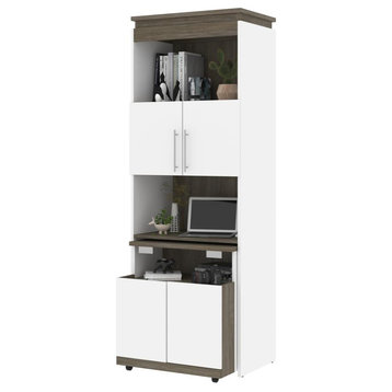 Bestar Orion 30W Shelving Unit With Fold-Out Desk In White & Walnut Grey