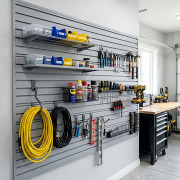 Modern Slatwall Garage Storage System with Rails and Shelves