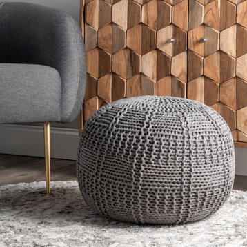 nuLOOM Knitted Cotton Basketweave Leo Pouf, Gray