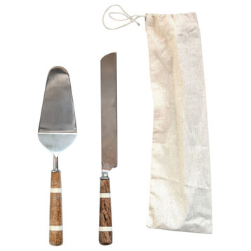 Stainless Steel Cake Knife With Wood/Horn Inlay Handle and Bag, 2-Piece Set