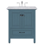 Eviva - Eviva Britney Bath Vanity With White Carrara Marble Top, Ash Blue, 30" - The Eviva Britney Vanity is designed for timeless appeal and functionality, making it a versatile addition to any bathroom decor. Its neutral finish allows for seamless integration into various styles. Made from high-quality materials, it stands as a durable piece with a sophisticated countertop that resists daily wear and tear. Below it, the high-grade porcelain undermount sink complements the sleek design and is easy to maintain. A standout feature is the soft-closing dovetail drawer, offering quiet and smooth operation, alongside a roomy cabinet for ample storage. This vanity is dimensioned to suit diverse spaces and is noted for its fine craftsmanship, with each joint, handle, and knob meticulously fashioned for both elegance and efficiency. Installation is user-friendly for hassle-free setup. While the faucet and mirror are not included, this encourages customization to your taste. With a 1-year warranty, the Eviva Britney Vanity is a testament to quality and customer satisfaction, blending style and practicality for an upgraded bathroom experience.