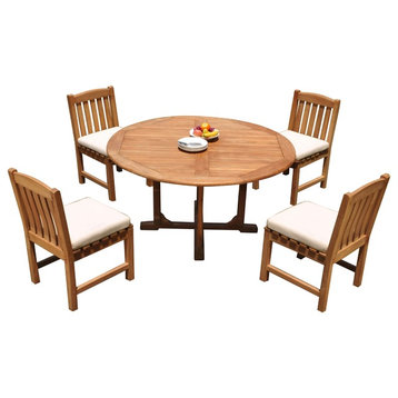 5-Piece Outdoor Patio Teak Dining Set: 60" Round Table, 4 Devon Armless Chairs