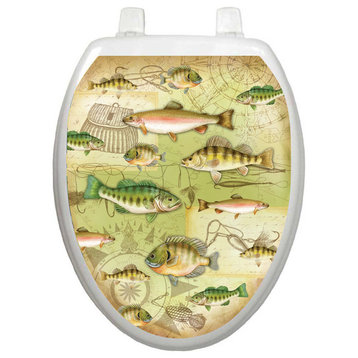Gone Fishing Toilet Tattoos Seat Cover, Vinyl Lid Decal, Cabin Bathroom Décor , Elongated