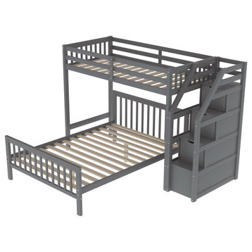 Twin Over Full Loft Bed With Staircase, Gray