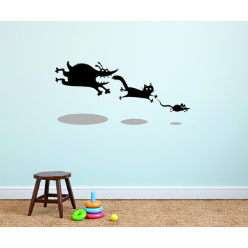 Decal, Dog, Cat And Mouse Chasing Funny Cartoon Design, 20x30"