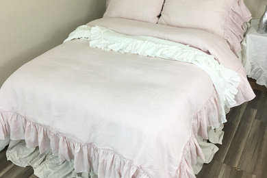 Blush Pink Linen Duvet Cover with Country Mermaid Long Ruffles