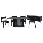 Armen Living - Pasadena Erie 6-Piece Oval Dining Set, With Buffet Black Oak Finish and Chairs - Transform your indoor dining space with the Pasadena Erie 6 Piece Oval Dining Set from Armen Living. This contemporary dining set features: 1 oval Pasadena table with a solid wood base and concrete bottom for added stability, 1 Pasadena 4 Door Wood Buffet Cabinet with Black Oak Finish, and 4 Erie chairs constructed with solid wood frames and woven paper cord. The Danish and mid-century modern influences shine through in the sleek design that combines functionality with artistic flair. As versatile furniture pieces, these dining chairs transcend their traditional role, doubling as smart accent chairs or chic additions to your vanity. The ergonomic design ensures comfort during meals, providing both flexible support and style, while the open back and paper cord create a chair with unparalleled breathability. With a generous tabletop length of 79 inches, this dining room table provides ample space for family dinners or entertaining guests. Crafted with meticulous attention to detail, the oval shape of the table adds a touch of modern elegance to any space. This cohesion serves to enhance the clean, simple aesthetic of this set, which is sure to create a focal point in any room. Perfect for intimate dinners or casual family meals, this 6-piece set is designed for those who appreciate a blend of form and function. Perfectly suited for the dining room, the buffet is a seamless blend of form and utility. The four-door design opens to reveal two levels of shelves. Two matching wooden shelves are included, offering an elegant display area for showcasing your cherished dinnerware or decorative items. The shelves are adjustable to 3 available heights. The Pasadena Buffet transcends its traditional role in the dining room, seamlessly fitting into various spaces in your home. Use it as a stylish sideboard, an entry cabinet that welcomes guests with its polished charm, or a versatile storage cabinet in the kitchen. Elevate your dining experience with the Pasadena Erie dining table set. This dining set is available in multiple color variations including: a black oak finish with black chairs and buffet, and a walnut tabletop with complementary black finish on the base, chairs, and buffet.