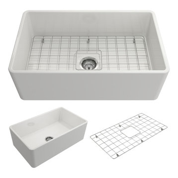 Classico Farmhouse Kitchen Sink With Grid and Strainer, 30", White