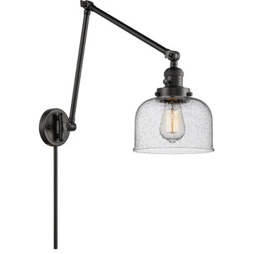 Large Bell 1 Light Swing Arm or Wall Lamp, Matte Black, Seedy Glass, 8"
